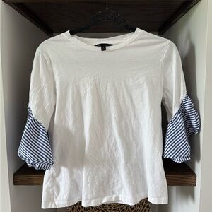 Banana Republic White and Blue Ruffled Bell Sleeve Blouse